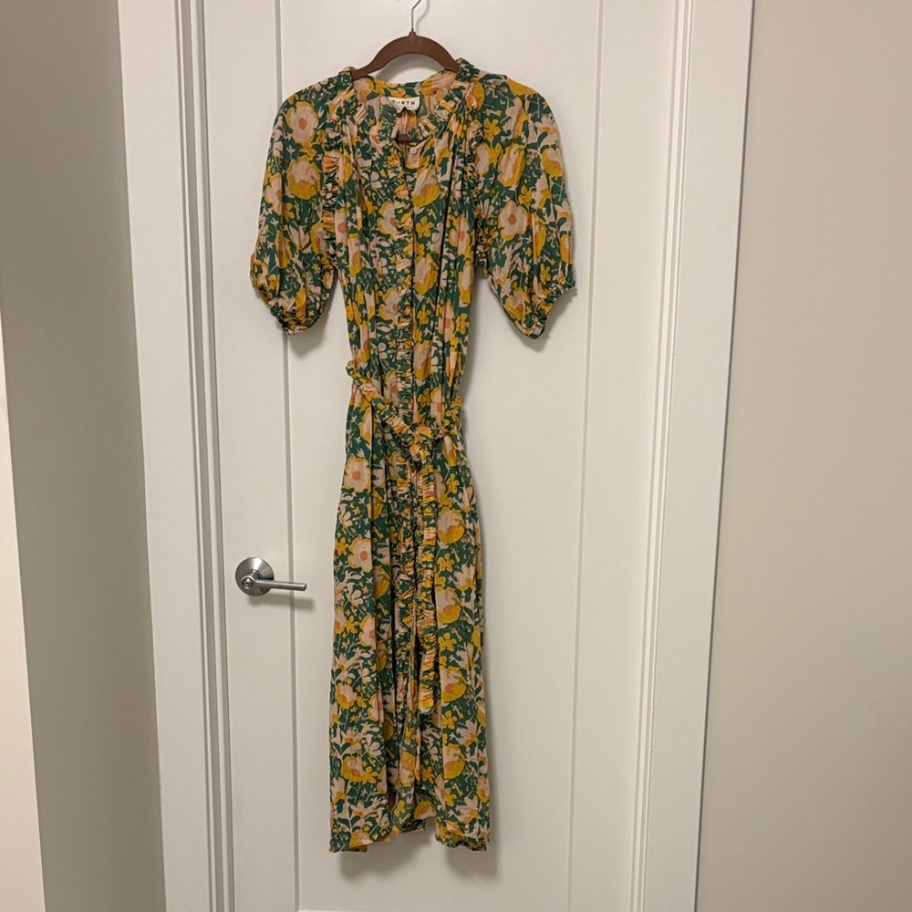 Floral Puff Sleeve Maxi Dress - Yellow Green